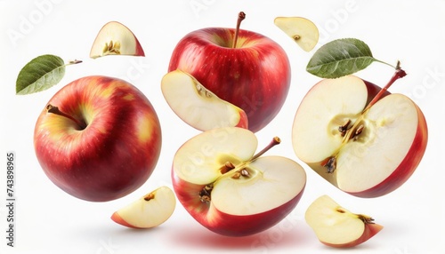 Apples isolated. Levitation of ripe red apples, apple halves and slices on a white background