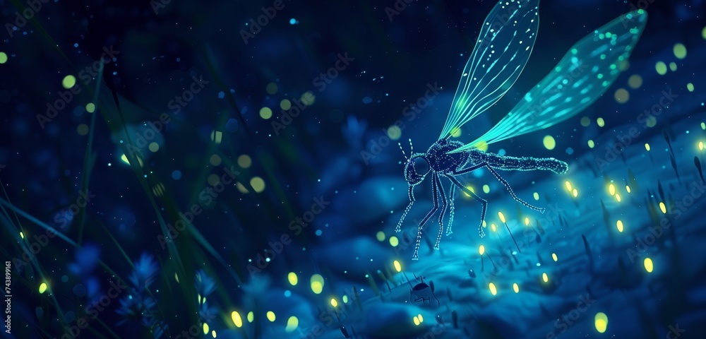 A luminous firefly dances amidst a velvet sea of night, casting its glow in rhythmic patterns. - obrazy, fototapety, plakaty 