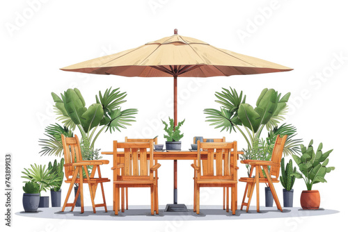 Wooden Table With Chairs and Umbrella. A wooden table with four chairs arranged around it  a large umbrella providing shade. On PNG Transparent Clear Background.