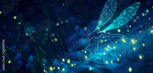 A luminous firefly dances amidst a velvet sea of night, casting its glow in rhythmic patterns. © Tayyab
