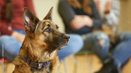 Attentive German Shepherd in a Therapy Session. A focused German Shepherd dog participates in a therapy session, demonstrating the breed's use in emotional support and assistance. © auc