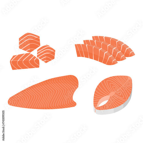 Cartoon salmon slices, red fish pieces, delicious sashimi slices, salmon steak, fresh salmon fillets. Vector illustration.