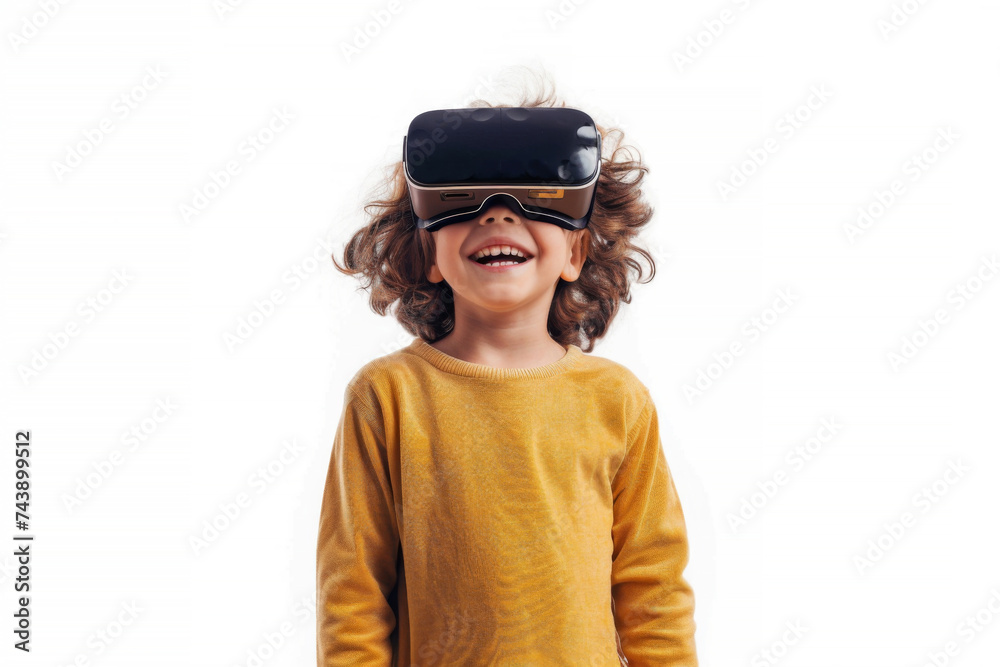 Portrait of young kid wearing VR glasses experience isolated on clean background, virtual reality world, technology futuristic. Portrait of young kid wearing VR glasses experience isolated on clean background, virtual reality world, technology futuristic.