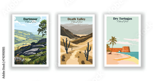 Dartmoor, National Park. Death Valley, National Park. Dry Tortugas, National Park - Vintage travel poster. Vector illustration. High quality prints