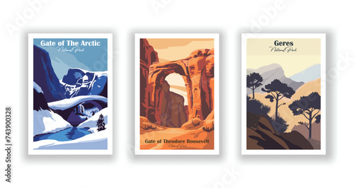 Gate of The Arctic. Gate of Theodore Roosevelt. Geres, National Park - Vintage travel poster. Vector illustration. High quality prints