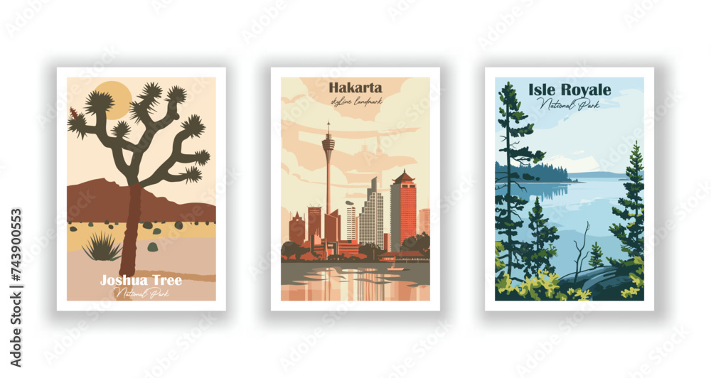 Fototapeta premium Isle Royale, National Park. Jakarta skyline landmark. Joshua Tree, National Park - Vintage travel poster. Vector illustration. High quality prints