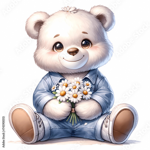 Bear Cub with Daisies in Denim Outfit Illustration. A heart-melting illustration of a bear cub in a denim outfit, holding a small bouquet of daisies, exuding innocence and charm.
