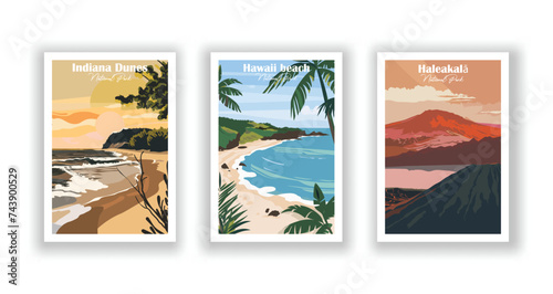 Haleakalā, National Park. Hawaii beach , National Park. Indiana Dunes, National Park - Vintage travel poster. Vector illustration. High quality prints