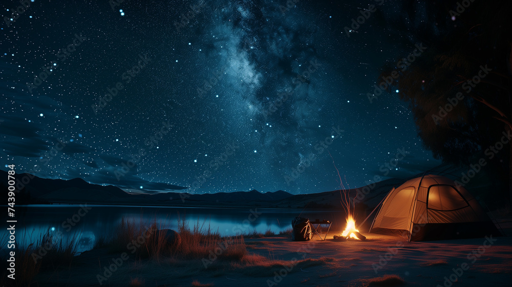 a camping tent under the starry night sky, with a campfire flickering nearby, capturing the peaceful and adventurous spirit of camping during summer vacations.