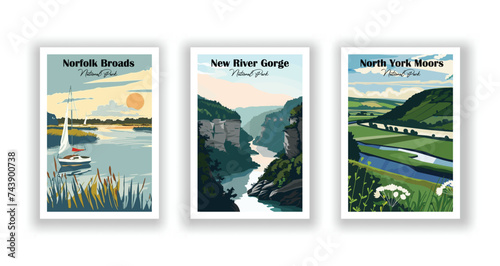 New River Gorge. Norfolk Broads. North York Moors, National Park - Vintage travel poster. Vector illustration. High quality prints photo