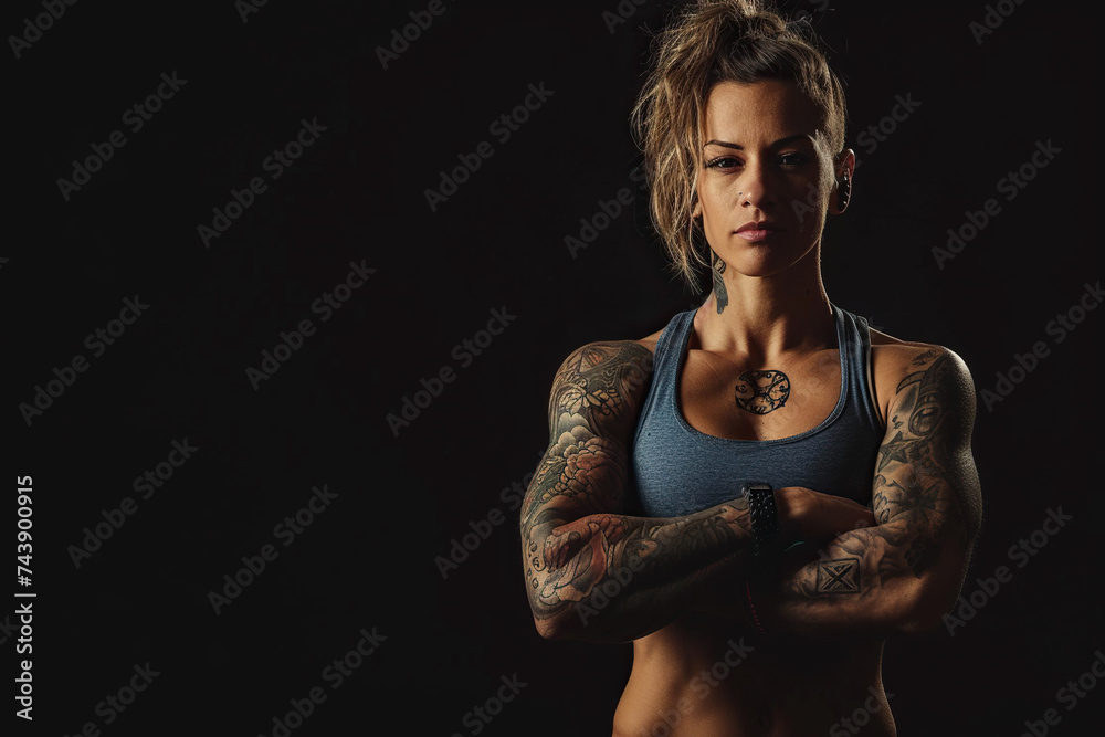 Confident woman with muscular body tattooed on black background.