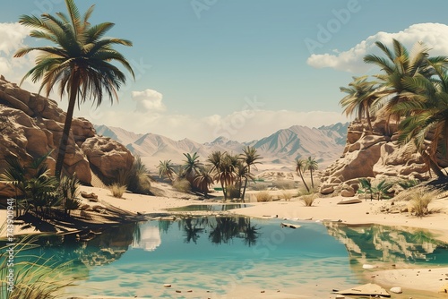 A desert oasis shimmers in the heat of the day, a verdant paradise amidst the barren expanse of sand and stone.
