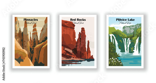 Pinnacles, National Park. Plitvice Lake, National Park. Red Rocks, National Park - Vintage travel poster. Vector illustration. High quality prints photo