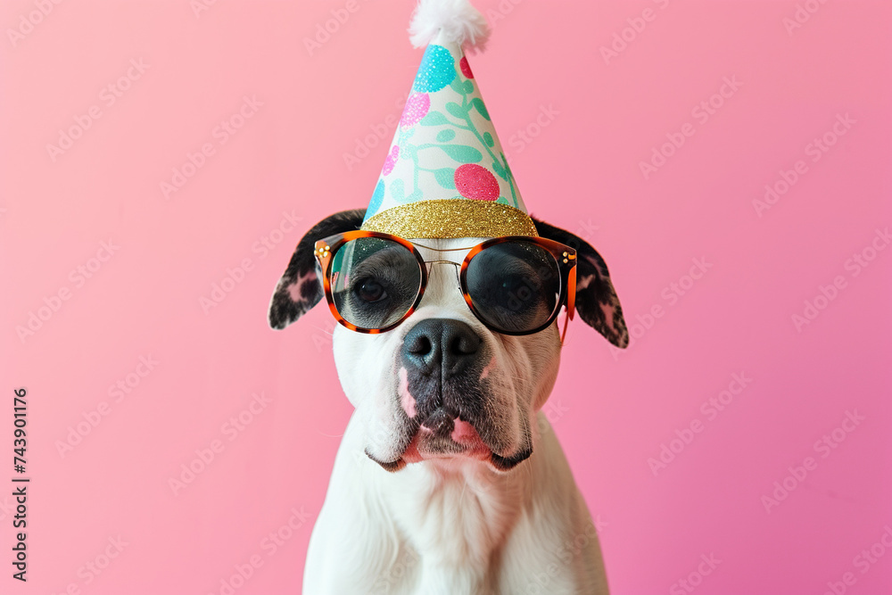 Funny party dog wearing colorful summer hat and stylish sunglasses. Marsala background