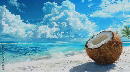 An artistic interpretation of a coconut set against a beautiful backdrop of a beach and a vibrant blue sky