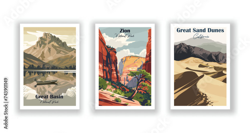 Zion, National Park. Great Basin, National Park. Great Sand Dunes, National Park - Vintage travel poster. Vector illustration. High quality prints