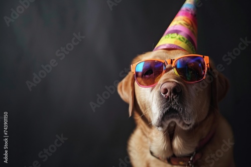 Funny party dog wearing colorful summer hat and stylish sunglasses. Black background