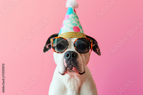 Funny party dog wearing colorful summer hat and stylish sunglasses. Marsala background © wolfhound911