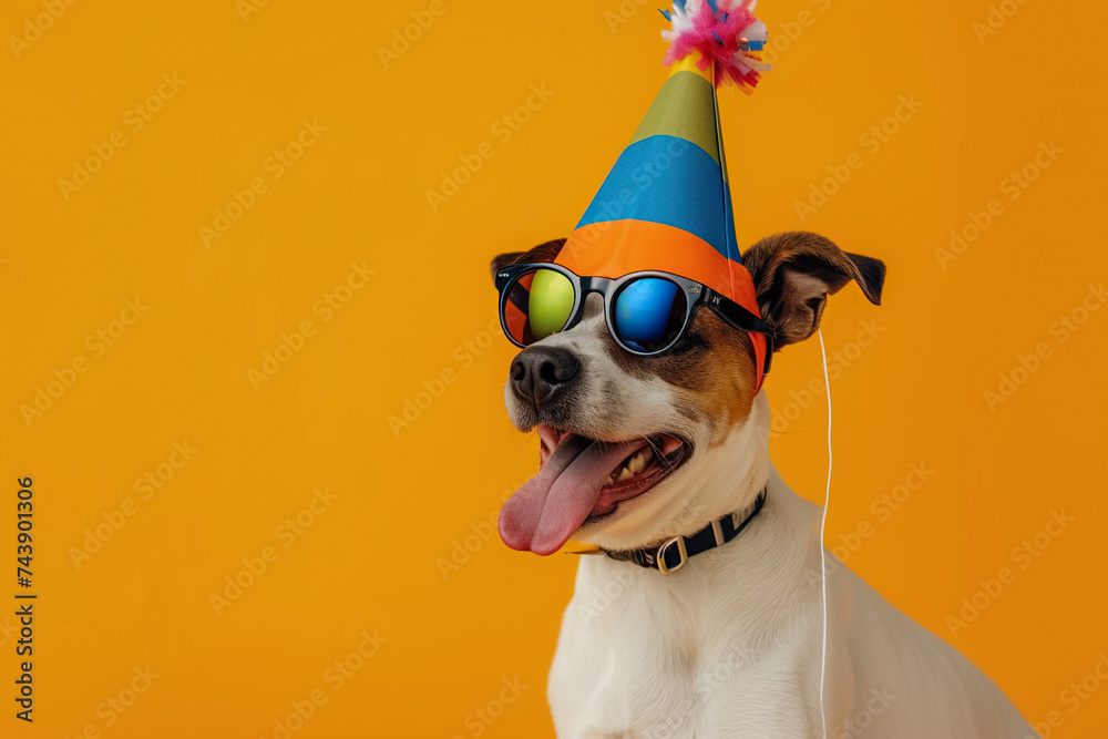 Funny party dog wearing colorful summer hat and stylish sunglasses. Orange background