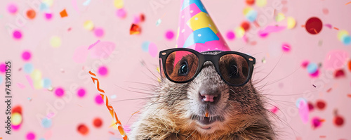 Happy Birthday, carnival, New Year's eve, sylvester or other festive celebration, funny animals card banner - Marmot with party hat and sunglasses on pink background with confetti.
