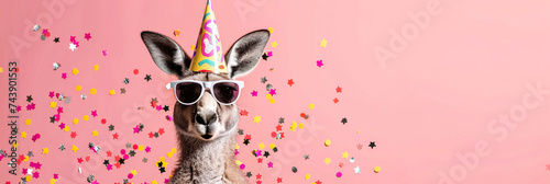 Kangaroo with party hat and sunglasses on pink background with confetti.