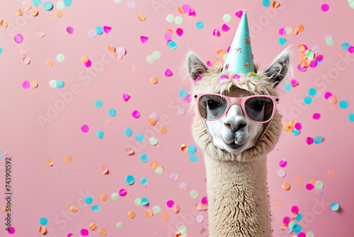 Happy Birthday  carnival  New Year s eve  Sylvester or other festive celebration  funny animals card banner - Alpaca with party hat and sunglasses on pink background with confetti.