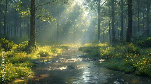 A tranquil forest glade illuminated by shafts of sunlight filtering through the trees, with a gentle stream babbling in the background