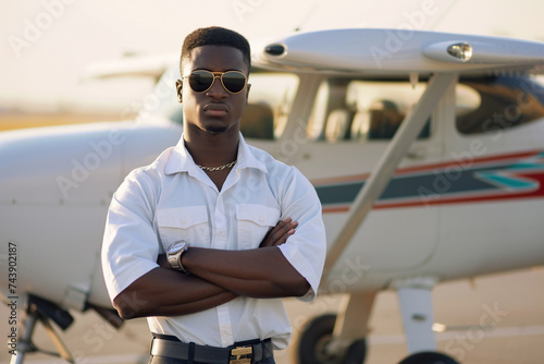 Portrait of young African American pilot standing in front of airplane at the airport.