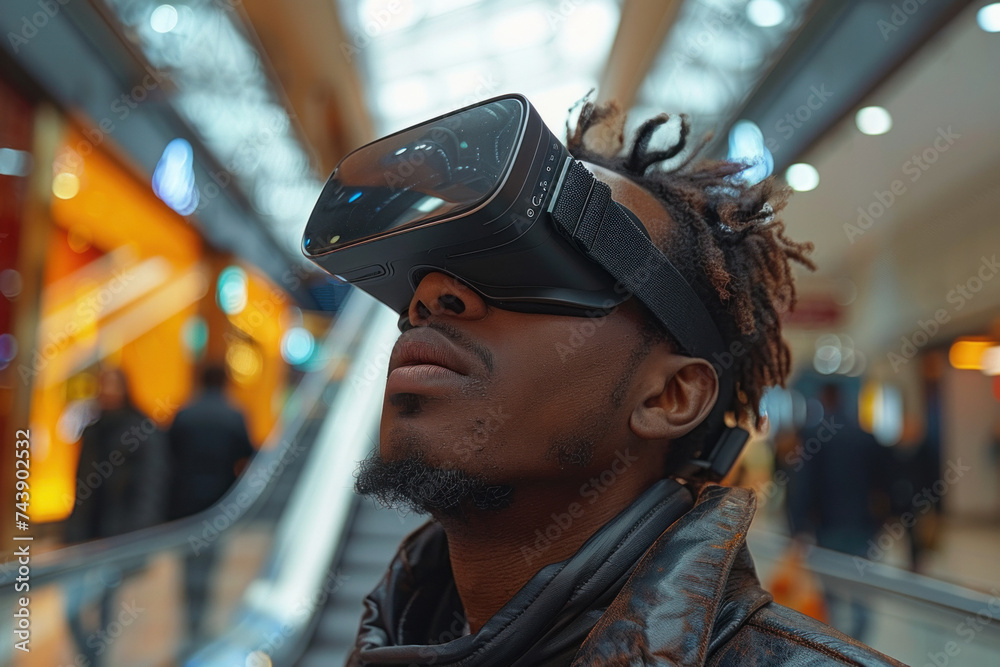 African man in 3D virtual glasses standing on escalator in shopping mall