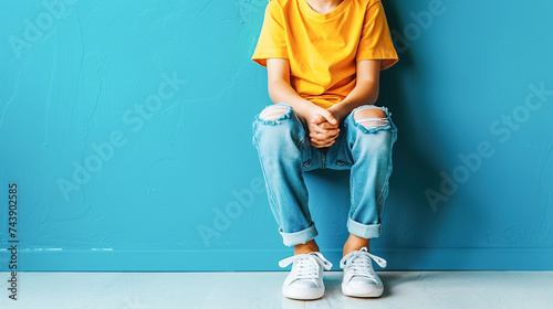 A child in a yellow T-shirt sits against a blue wall. Relationships among teenagers, bullying, problems of adolescence photo