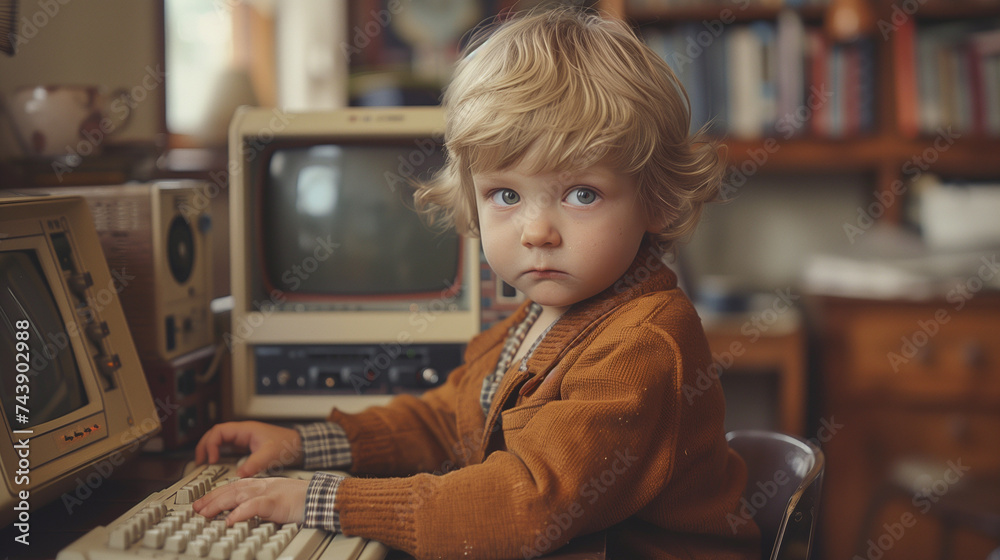 Child Using Vintage Computer in the 1970s Stock Photo | Adobe Stock