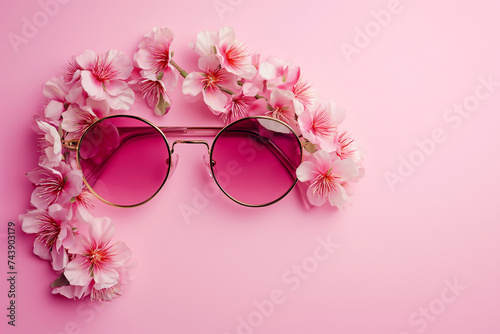 Pink sunglasses with spring blooming branches with cherry blossom. Spring flowers with sun glasses on pink background with copy space for text