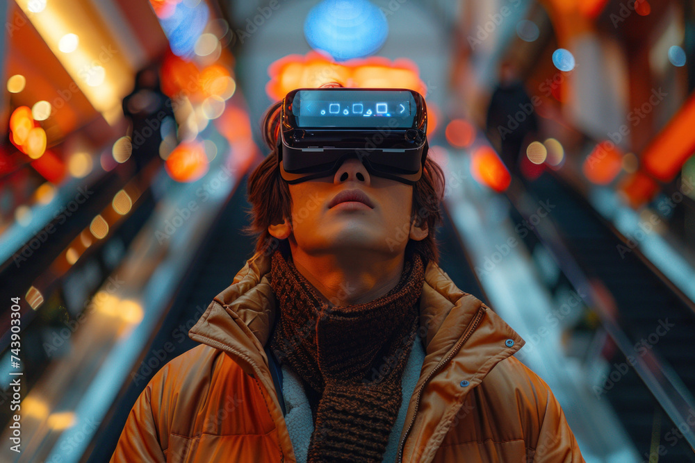 Asian man in 3D virtual glasses standing on escalator in shopping mall Asian man in 3D virtual glasses standing on escalator in shopping mall