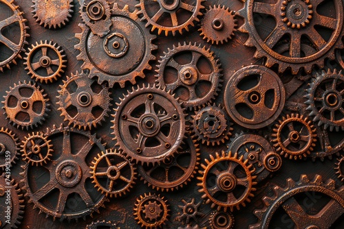 Close-up view of a rusted, vintage gear with intricate clockwork details and metallic surfaces. Industrial steampunk design with fine mechanical patterns