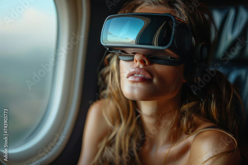 Caucasian woman in 3D virtual glasses travels in plane