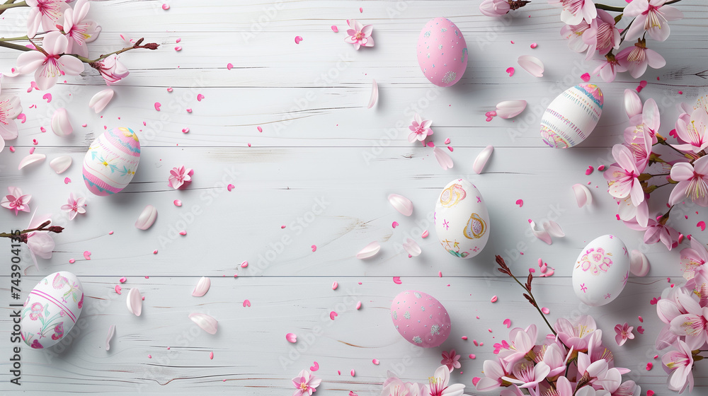 Fototapeta premium Spring composition with decorated easter eggs and cherry blossoms