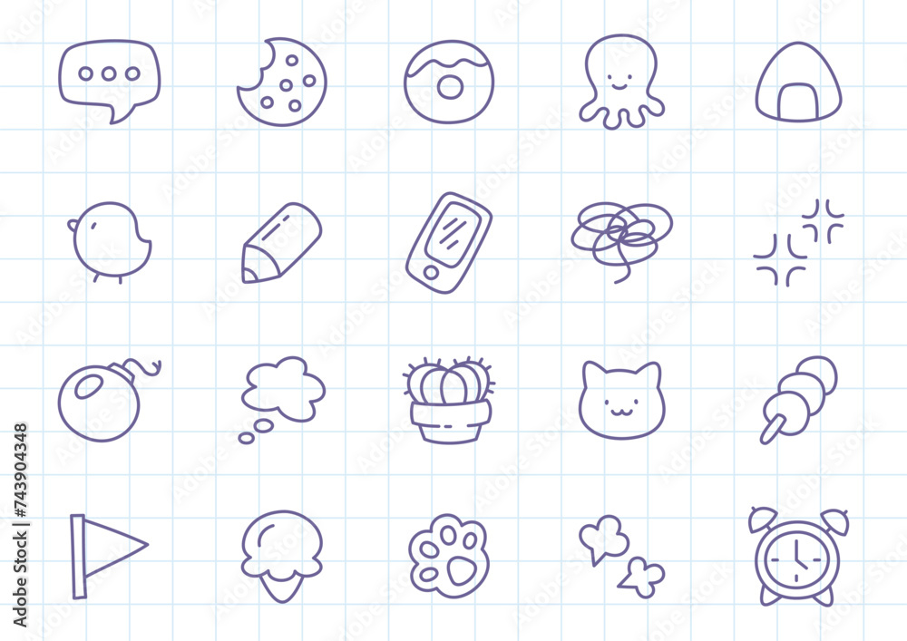 Kawaii icon set. Collection of cute hand drawn stickers isolated on a checkered background. Vector 10 EPS. Kawaii icon set. Collection of cute hand drawn stickers isolated on a checkered background. Vector 10 EPS.