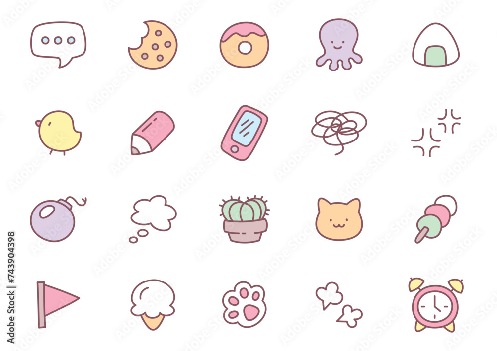 Kawaii icon set. Collection of cute hand drawn stickers isolated on a white background. Vector 10 EPS. Kawaii icon set. Collection of cute hand drawn stickers isolated on a white background. Vector 10 EPS.