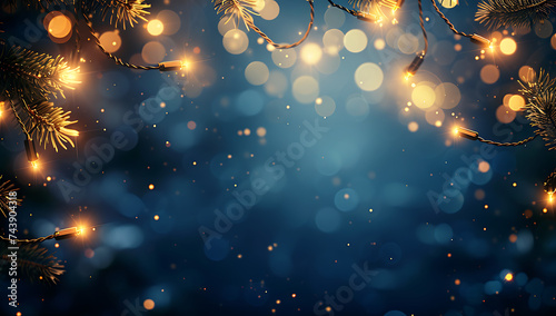 christmas lights on blue background with blurred ligh photo