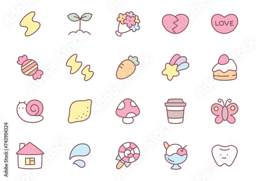 Kawaii icon set. Collection of cute hand drawn stickers isolated on a white background. Vector 10 EPS.