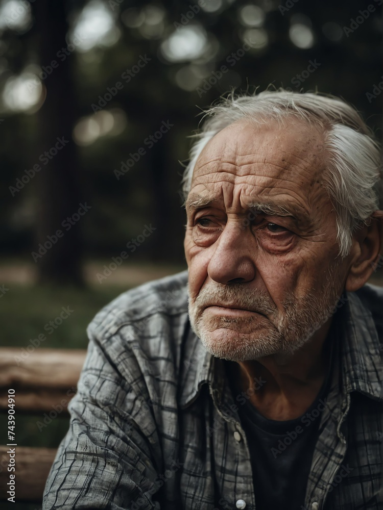 Depressed senior elderly man sitting outside looking sad from Generative AI