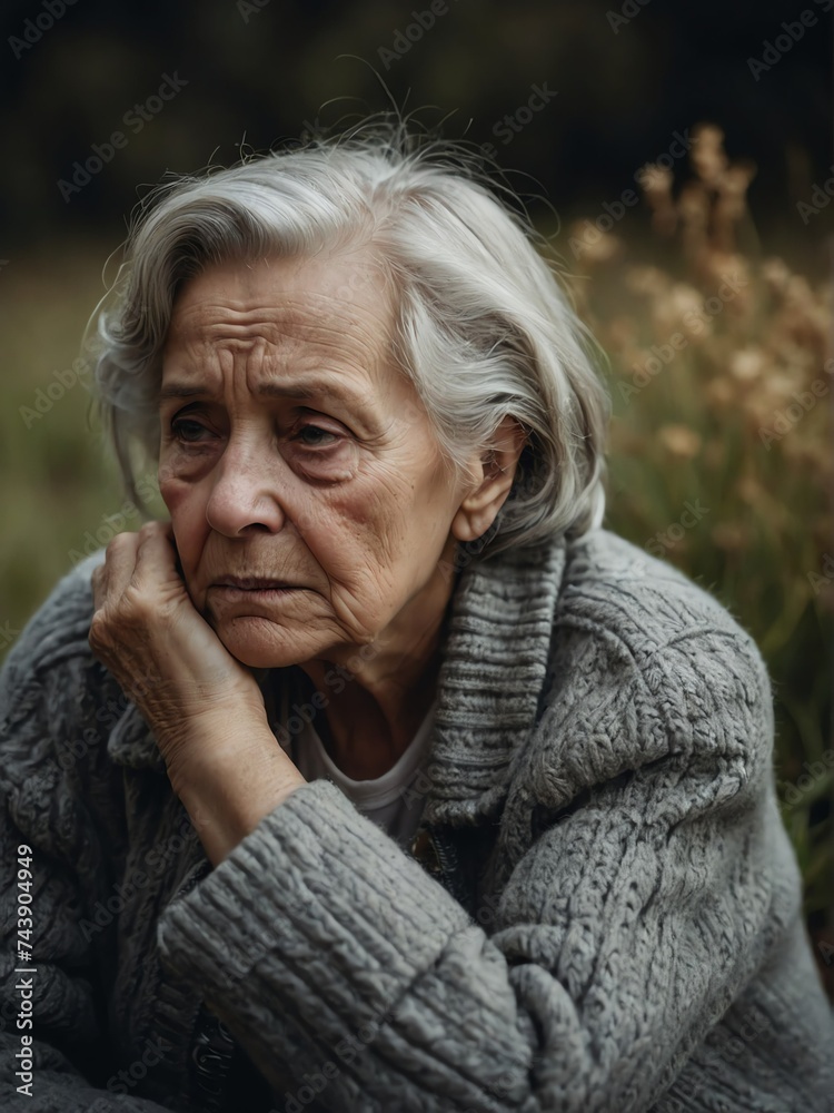 Depressed senior elderly woman sitting outside looking sad from Generative AI Depressed senior elderly woman sitting outside looking sad from Generative AI