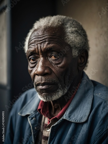 Lonely elderly black african man looking sad at the camera on a homeless shelter from Generative AI