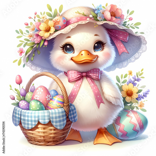 Duckling with Easter Basket Wearing Floral Bonnet. A heartwarming illustration showing a young duck adorned with a floral bonnet, clutching a basket of Easter eggs, amidst springtime blossoms.

