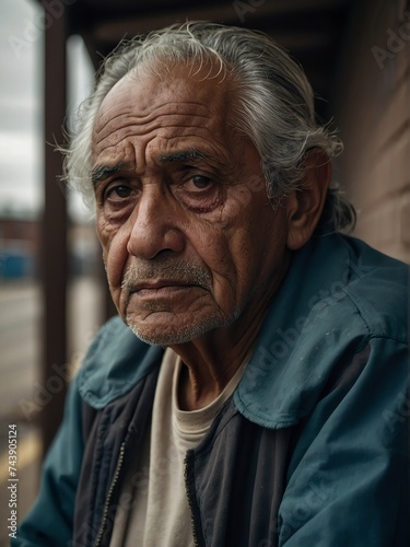 Lonely elderly hispanic man looking sad at the camera on a homeless shelter from Generative AI