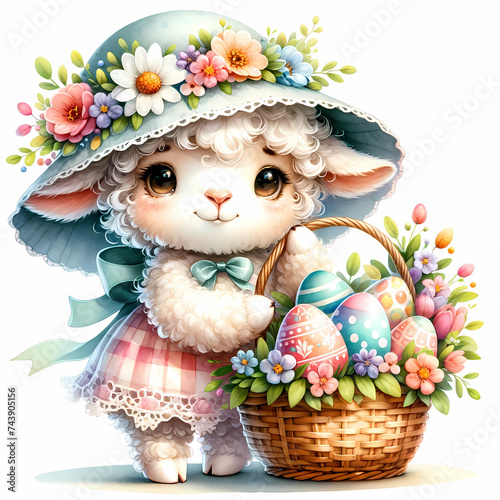 An endearing illustration of a lamb in a decorative flower hat, holding a wicker basket full of colorful Easter eggs, epitomizing spring joy.
