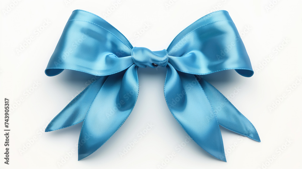 An elegant blue satin bow is perfectly tied, providing a touch of grace and sophistication on a clean white background. An elegant blue satin bow is perfectly tied, providing a touch of grace and sophistication on a clean white background.