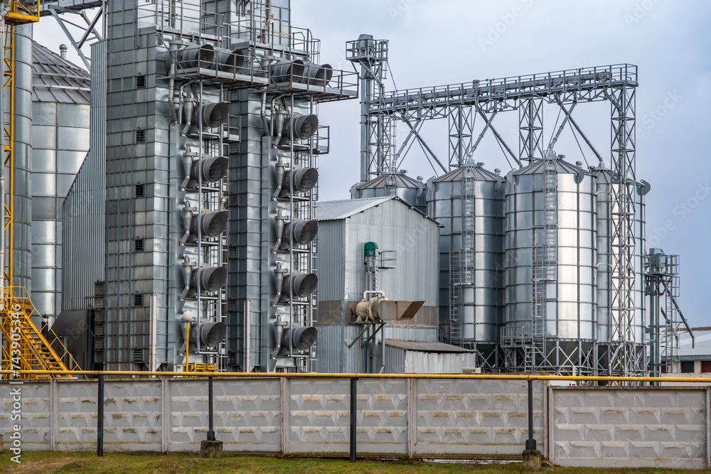 silos on agro-industrial complex with seed cleaning and drying line for grain storage