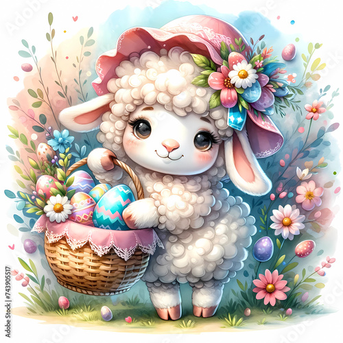 A delightful illustration of a curly lamb wearing a floral bonnet, carrying a basket of intricately designed Easter eggs, surrounded by colorful spring flora.