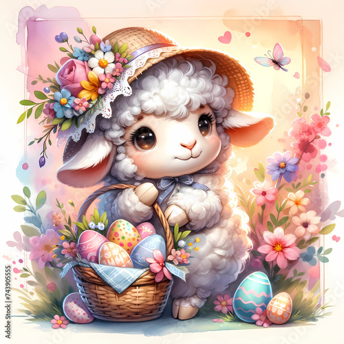 Illustration of a fluffy lamb with a sunhat, holding a basket of decorated Easter eggs amidst a backdrop of blooming spring flowers.
